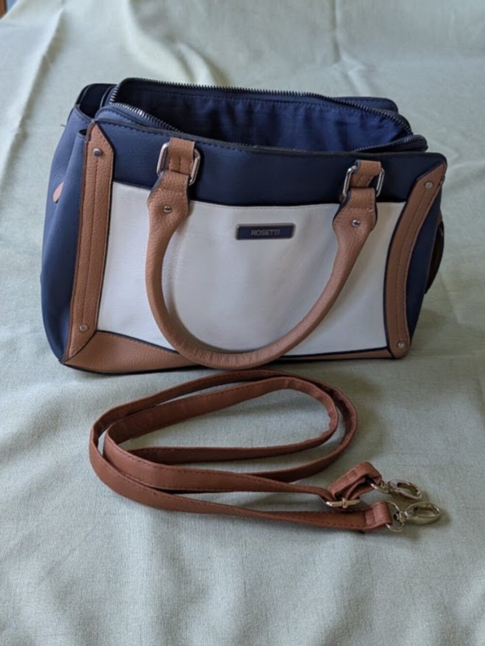Rosetti Colorblock Satchel Crossbody Bag Blue Cream Tan